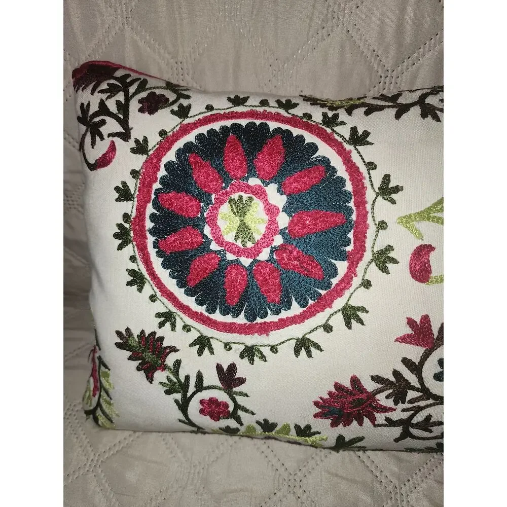 Bohemian Pillow Vibrant Floral Lumbar Embroidered Decor Feather removable case